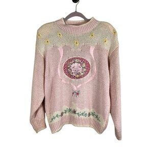 Vintage Floral Knit Sweater Pink L Cottage Grandma Coquette 80s Shabby Chic Art